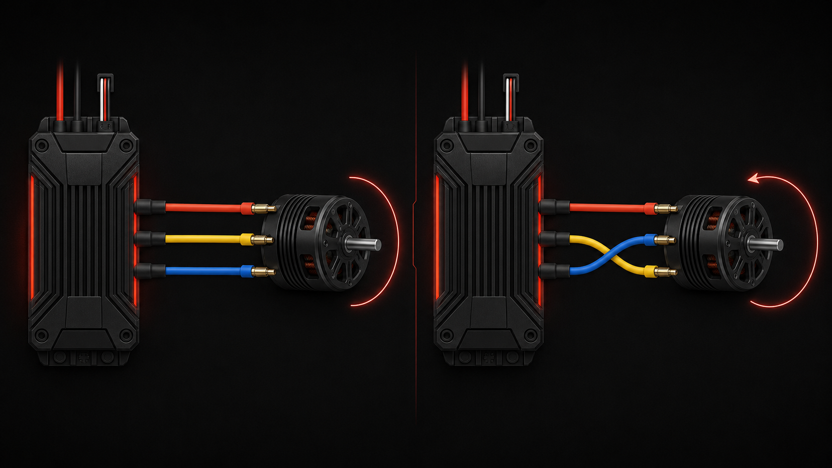 Diagram showing two motor wires swapped to reverse spin direction